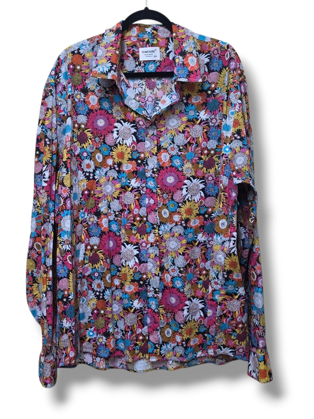 Tunevuse Mens 3XL Long Sleeve Button Hippie Flower Shirt Colorful Floral